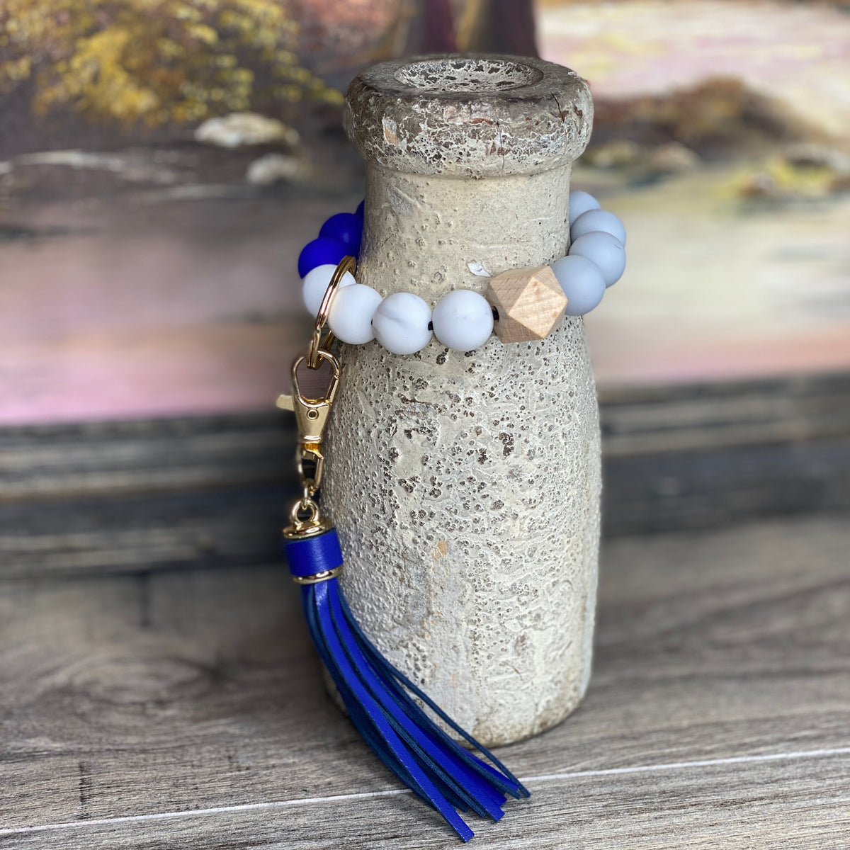 Handmade Blue, Gray, and Marbled White Silicone Bead Bangle Gold Keychain  with Large Blue Tassel