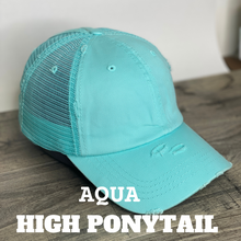 Load image into Gallery viewer, Embroidered Sailboat Patch Hat, Aqua High Ponytail Distressed Trucker Hat