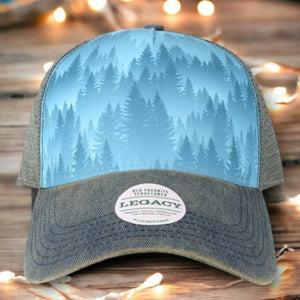 Legacy Brand, Blue Pines trucker hat with dark gray mesh