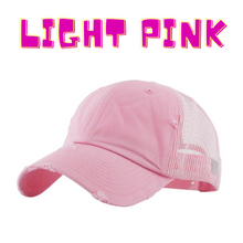 Load image into Gallery viewer, A Light Pink mesh back baseball hat with snapback closure. 