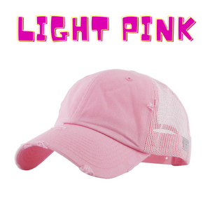 A Light Pink mesh back baseball hat with snapback closure. 