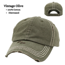 Load image into Gallery viewer, Vintage Olive 100% cotton distressed cap with white stitching