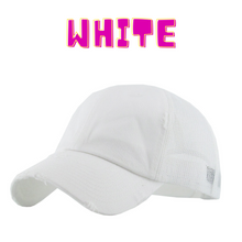 Load image into Gallery viewer, A white mesh back baseball hat with snapback closure. 