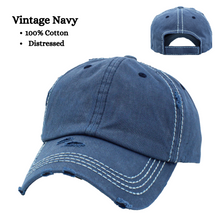 Load image into Gallery viewer, Vintage Navy 100% cotton distressed cap with white stitching