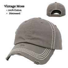 Load image into Gallery viewer, Vintage Moss 100% cotton distressed cap with white stitching