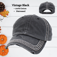 Load image into Gallery viewer, Vintage Black 100% cotton distressed cap with white stitching