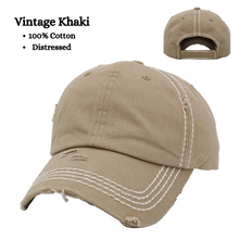 Load image into Gallery viewer, Vintage Khaki 100% cotton distressed cap with white stitching