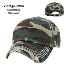 Load image into Gallery viewer, Vintage Camo 100% cotton distressed cap with white stitching