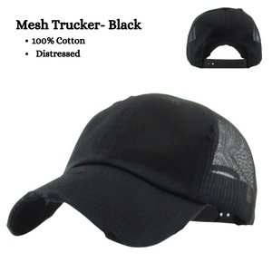 Mesh Trucker Hat - Black and distressed. Snapback closure. 100% cotton.