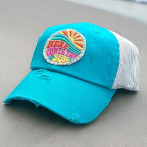 NEW Here Comes the Sun Embroidered Patch Trucker Hat - CUSTOM Hat Colors