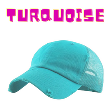 Load image into Gallery viewer, A turquoise mesh back baseball hat with snapback closure. 