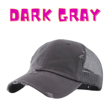 Load image into Gallery viewer, A dark gray mesh back baseball hat with snapback closure. 