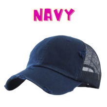 Load image into Gallery viewer, A navy blue mesh back baseball hat with snapback closure. 