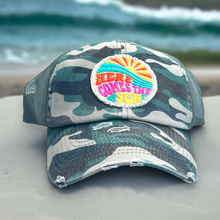 Load image into Gallery viewer, NEW Here Comes the Sun Embroidered Patch Trucker Hat - CUSTOM Hat Colors