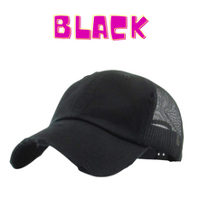 Load image into Gallery viewer, A black mesh back baseball hat with snapback closure. 