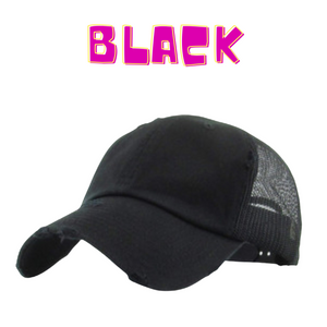 A black mesh back baseball hat with snapback closure. 