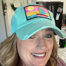 Load image into Gallery viewer, Embroidered Sailboat Patch Hat, Aqua High Ponytail Distressed Trucker Hat