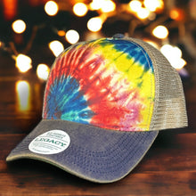 Load image into Gallery viewer, Tie dye structured trucker hat with tan mesh. 