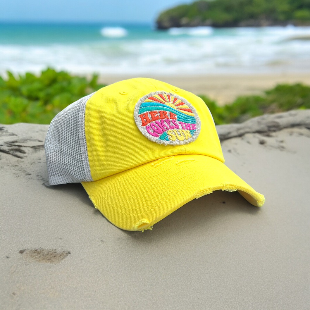 NEW Here Comes the Sun Embroidered Patch Trucker Hat - CUSTOM Hat Colors