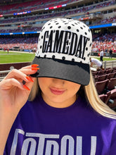 Load image into Gallery viewer, August Owl Gameday cap with black and white polka dots and bold black puff embroidery, worn at a sports stadium.