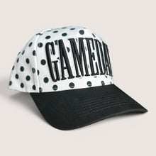 Load image into Gallery viewer, August Owl Gameday cap featuring black and white polka dots, black puff embroidery, and a solid black curved bill.