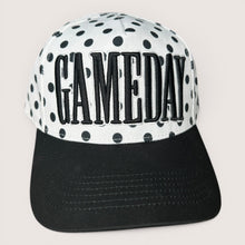 Load image into Gallery viewer, August Owl black and white polka dot cap with Gameday puff embroidery and a solid black curved bill.