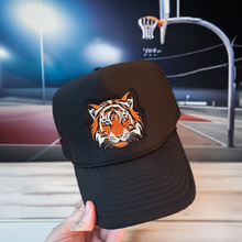 Load image into Gallery viewer, Black High Profile Rope Trucker Hat with Large Orange Tiger Embroidery