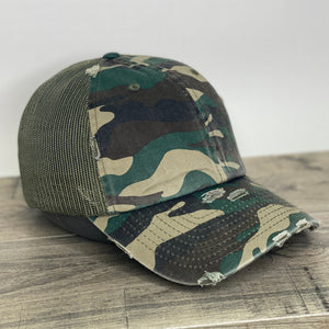 camo mesh trucker hat, low profile and unstructured