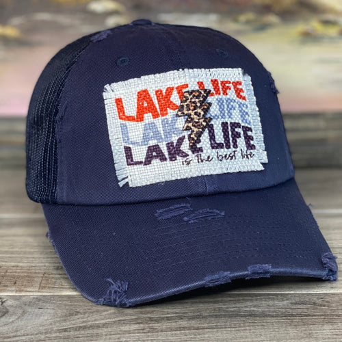Lake Life Patch Hat, Distress Navy Blue Mesh Baseball Hat