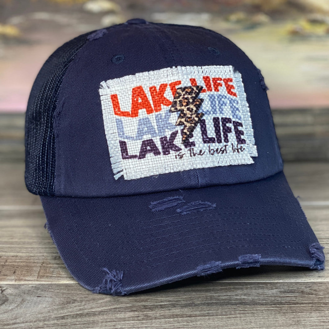 Lake Life Patch Hat, Distress Navy Blue Mesh Baseball Hat