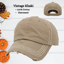 Load image into Gallery viewer, vintage khaki distressed baseball hat with white stitching.