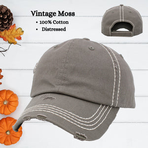vintage moss distressed baseball hat with white stitching.
