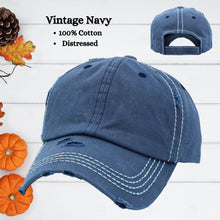 Load image into Gallery viewer, vintage navy distressed baseball hat with white stitching.