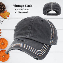 Load image into Gallery viewer, vintage black distressed baseball hat with white stitching.