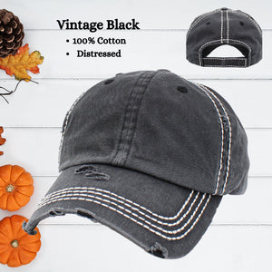 vintage black distressed baseball hat with white stitching.