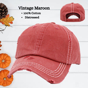vintage maroon distressed baseball hat with white stitching.