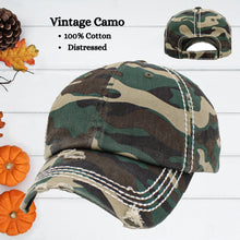 Load image into Gallery viewer, vintage camo distressed baseball hat with white stitching.