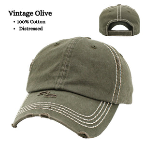 Vintage distressed olive dad hat with velcro closure and white stitching.