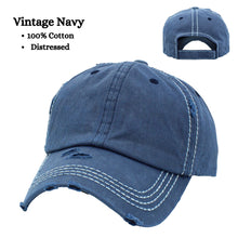 Load image into Gallery viewer, Vintage distressed blue dad hat with velcro closure and white stitching.