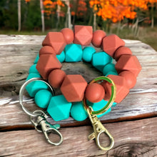 Load image into Gallery viewer, Turquoise Wristlet Keychain, Durable, Stretchy, Gold Plated Hardware with Yellow Tassel