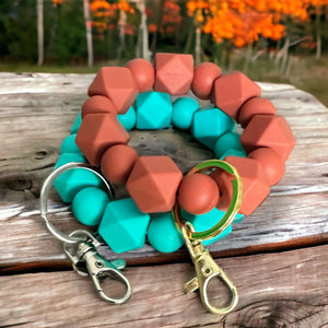 Turquoise Wristlet Keychain, Durable, Stretchy, Gold Plated Hardware with Yellow Tassel