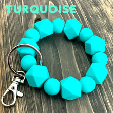 Load image into Gallery viewer, Large turrquoise Silicone keychain with hexagon and round silicone beads and silver hardware.