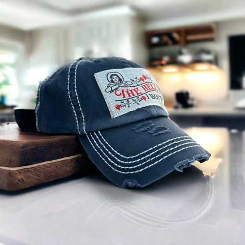 Vintage washed black, The Hell I Won't,frayed fabric patch hat.