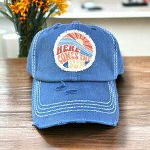 Load image into Gallery viewer, Blue, Here Comes the Sun, frayed round patch , dad hat