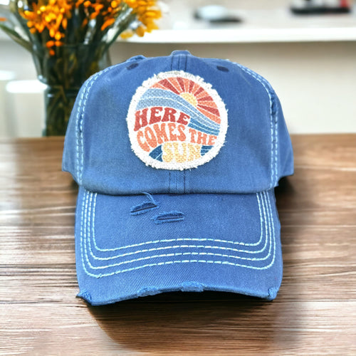 Blue, Here Comes the Sun, frayed round patch , dad hat