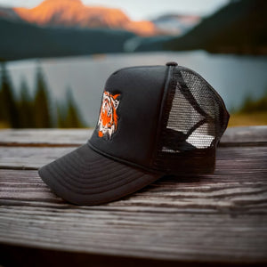 Orange Tiger embroidered black trucker hat