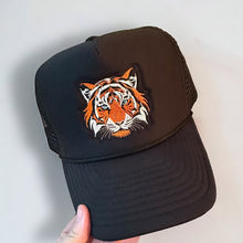 Load image into Gallery viewer, Orange Tiger embroidered black trucker hat