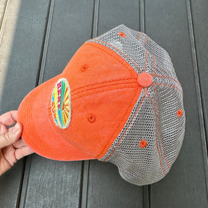 Orange, Here Comes the Sun Embroidered Patch, Orange/Khaki Mesh Patch Hat, Summer Cap