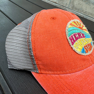 Orange, Here Comes the Sun Embroidered Patch, Orange/Khaki Mesh Patch Hat, Summer Cap