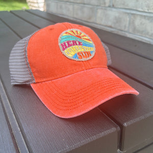 Orange, Here Comes the Sun Embroidered Patch, Orange/Khaki Mesh Patch Hat, Summer Cap